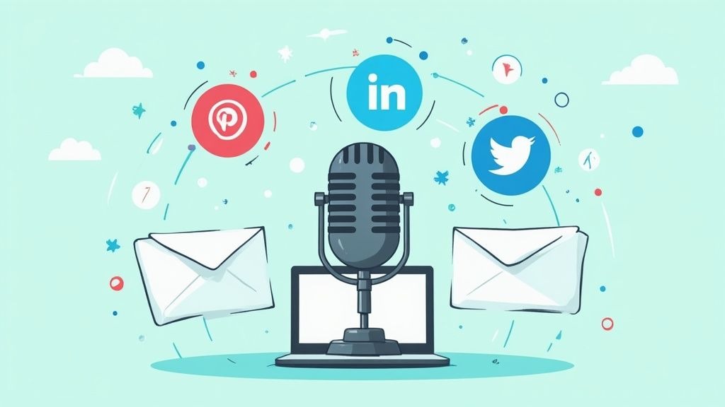 A laptop screen showing social media and email newsletter icons orbiting a central podcast microphone icon, symbolizing a multi-channel promotion strategy.