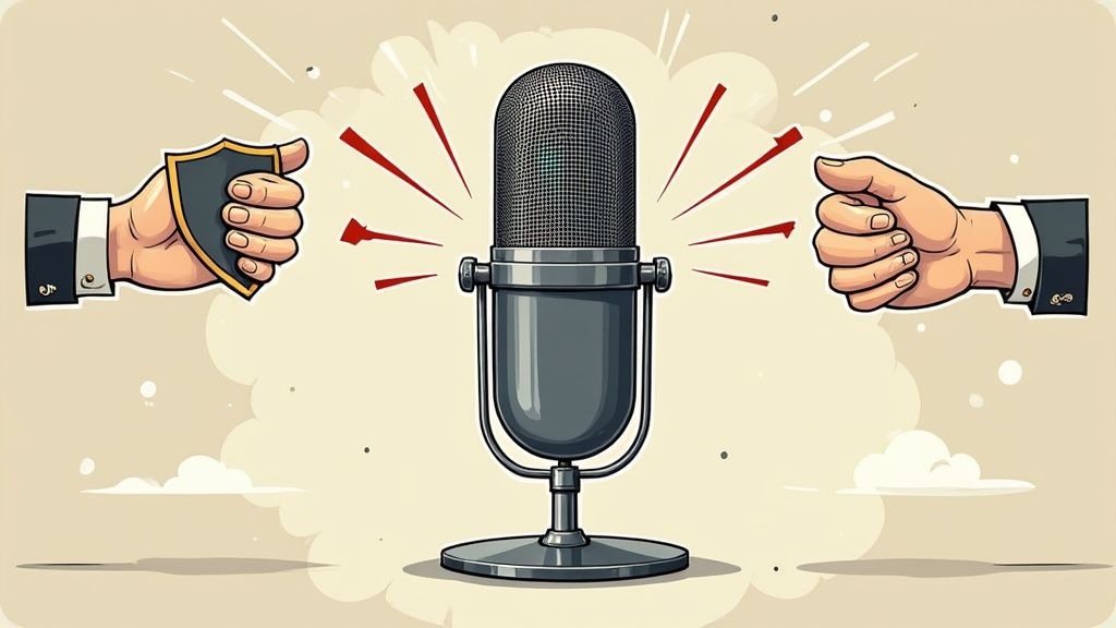 A person in a professional setting speaking into a studio-quality podcast microphone, conveying expertise and trust.