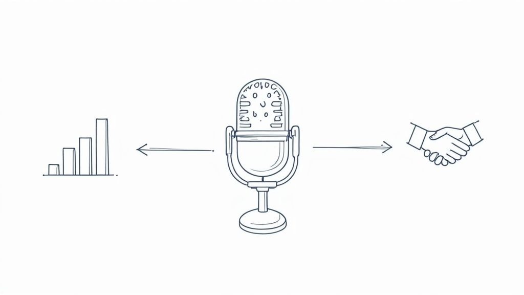 A visual representation of podcast performance metrics leading to tangible business results like leads and sales.