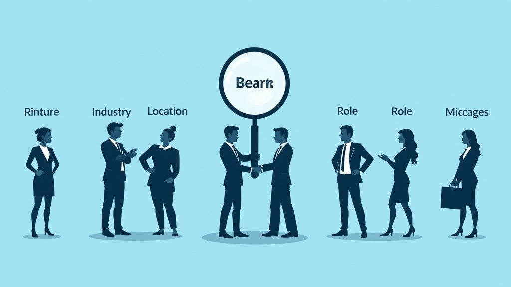 An illustration showing a podcast host looking at listener data with demographic icons and engagement symbols, representing a deep understanding of the audience.