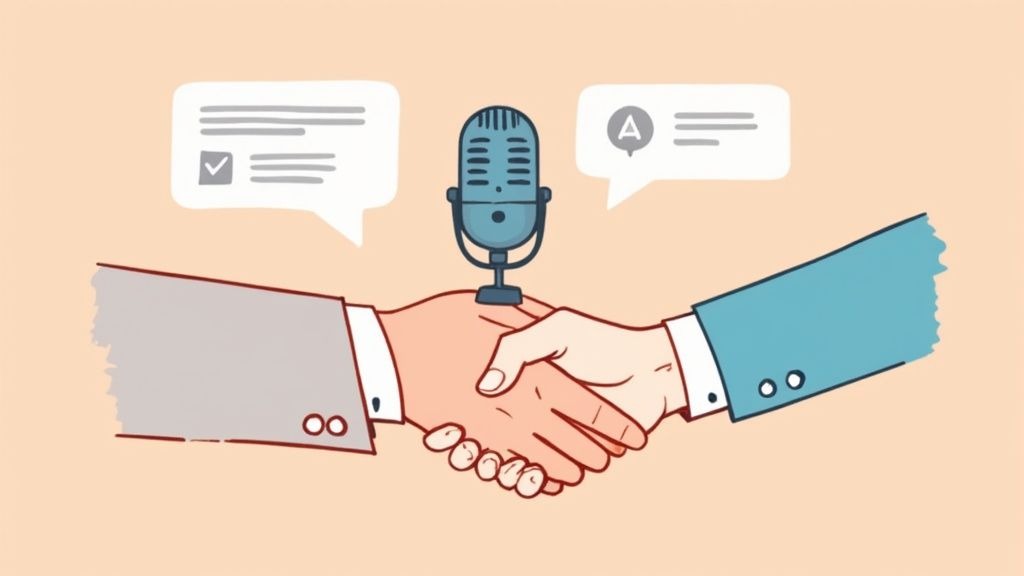 Two professionals shaking hands across a table, symbolizing a successful B2B partnership.