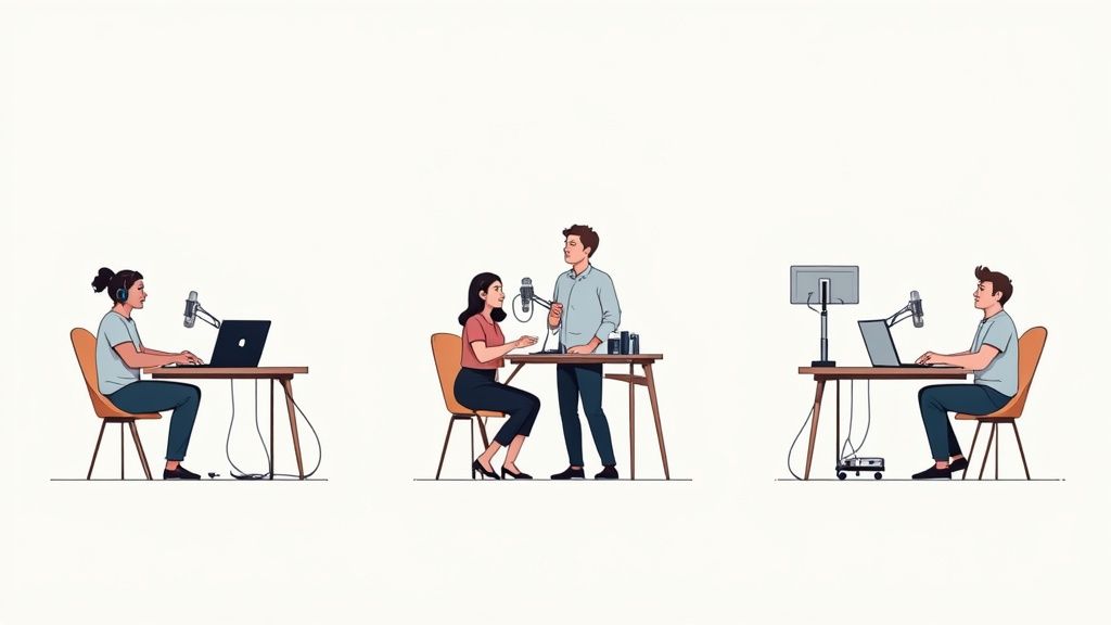 Two people recording a podcast remotely on their laptops