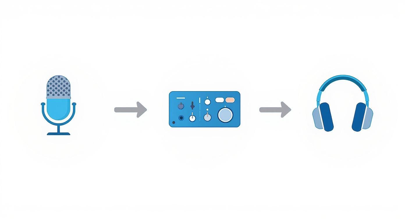 Infographic showing a three-step process for podcast gear: a condenser microphone, an audio interface, and headphones.