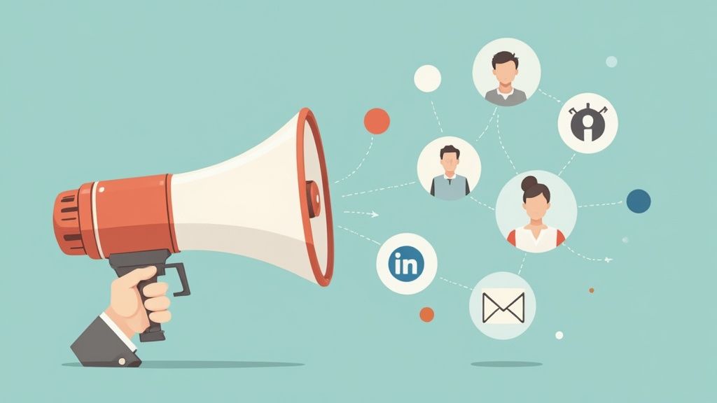 A person sitting in a modern office, analyzing podcast performance data on a laptop, with headphones on the desk.