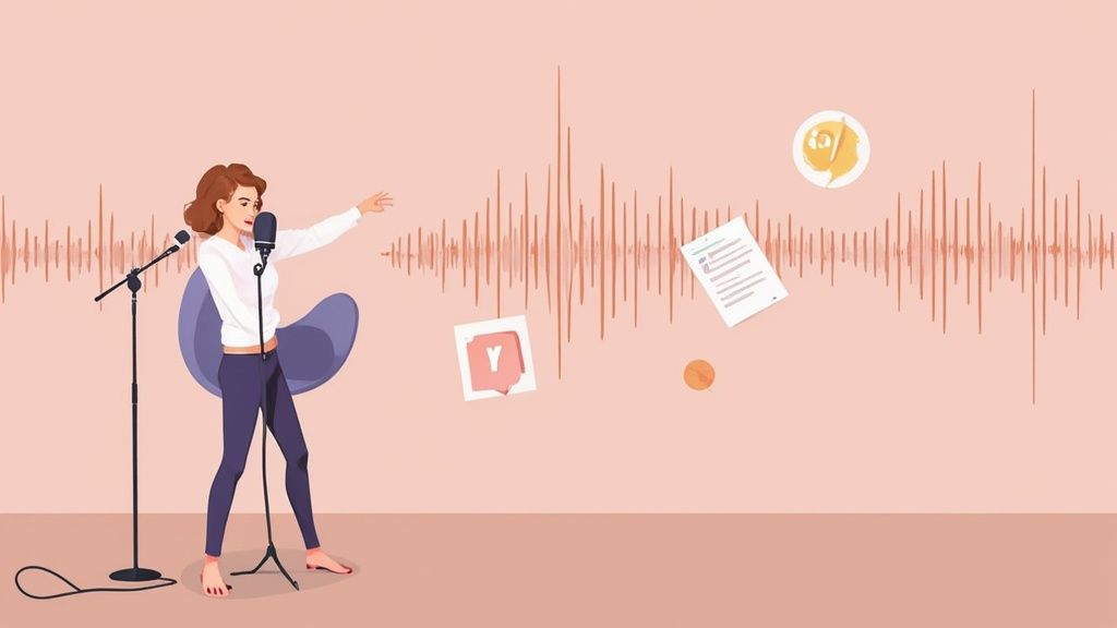Woman speaking into microphone with audio waveform and podcast elements in background illustration