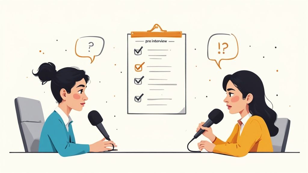 Two women conducting podcast interview with microphones and pre-interview checklist clipboard between them