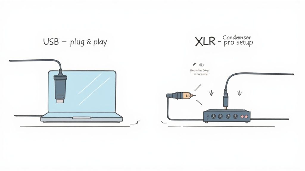 Diagram showing USB microphone plugged into laptop versus XLR condenser microphone connected to audio interface