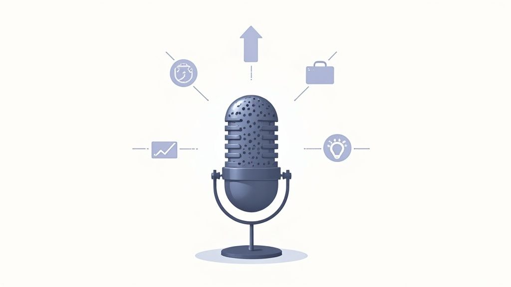 Professional podcast microphone surrounded by icons representing business growth, scheduling, briefcase, and location services