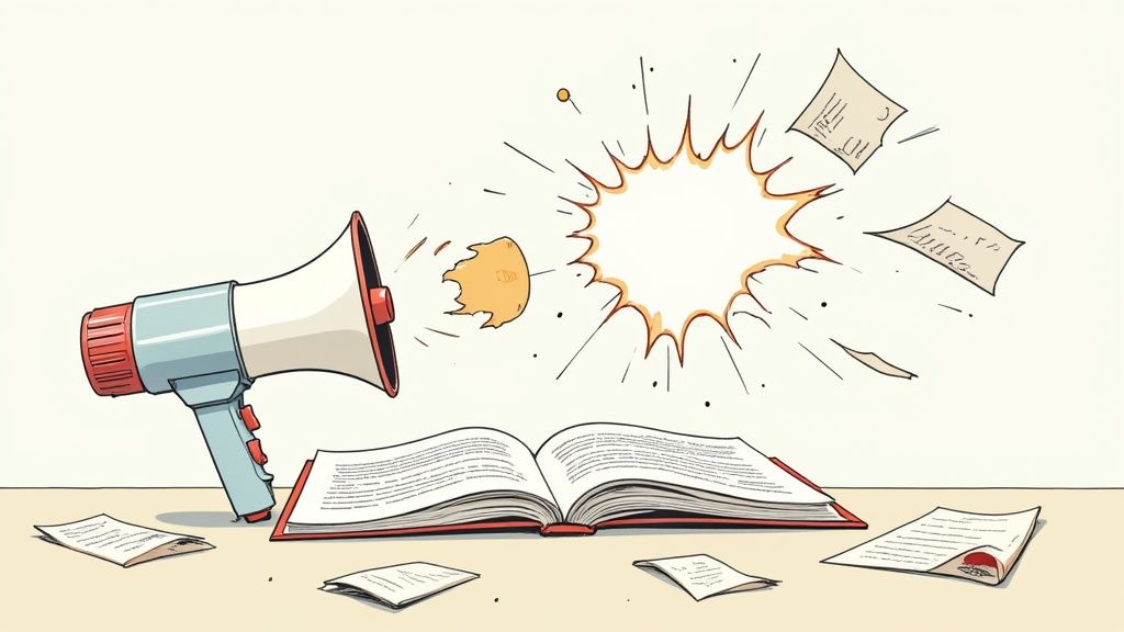 A megaphone emitting a sound wave causing papers to fly from an open book with an explosion.