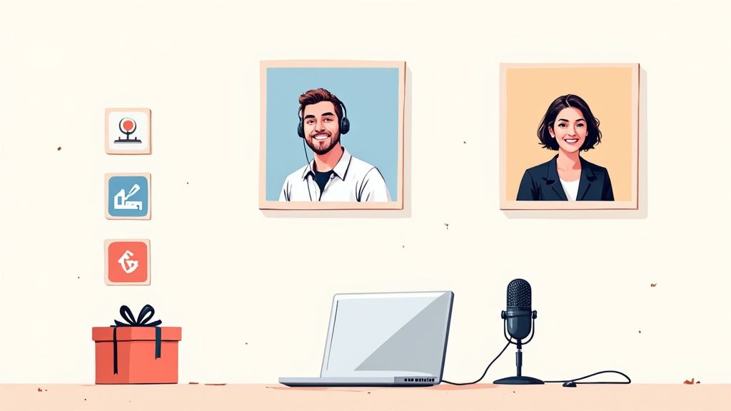 A clean podcast setup with two portraits, a laptop, a microphone, and a red gift box.