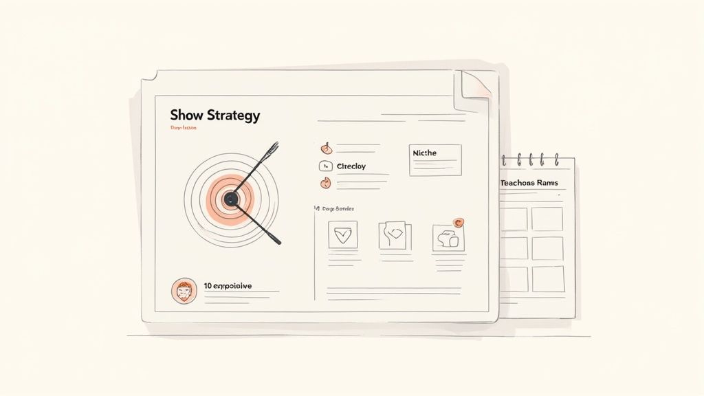 A minimalist illustration of a 'Show Strategy' document with a target diagram and related notes.