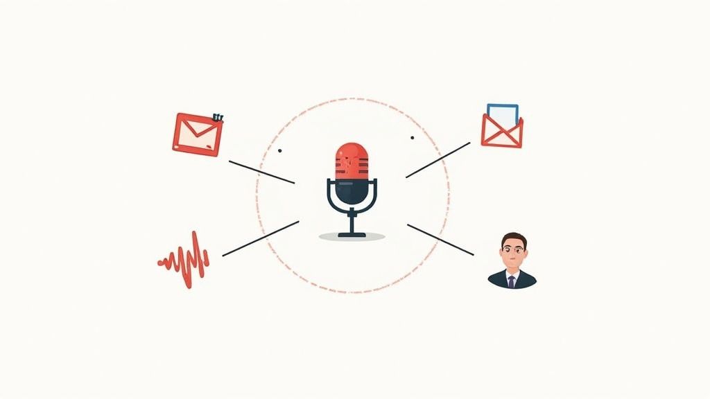 A cartoon microphone with lines connecting to email icons, an audio waveform, and a male avatar.