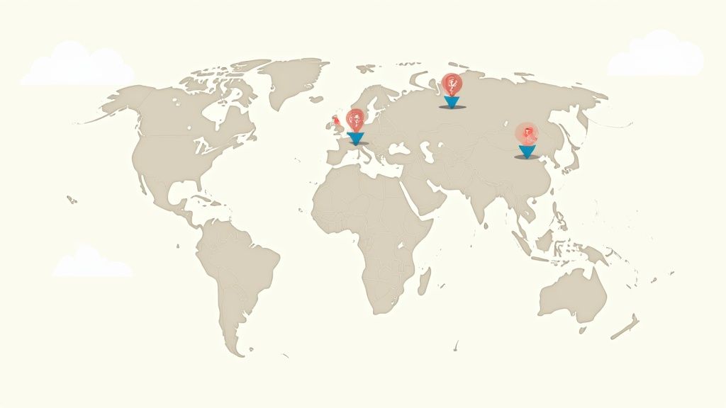 An illustrated world map showing various global locations marked with red map pins.