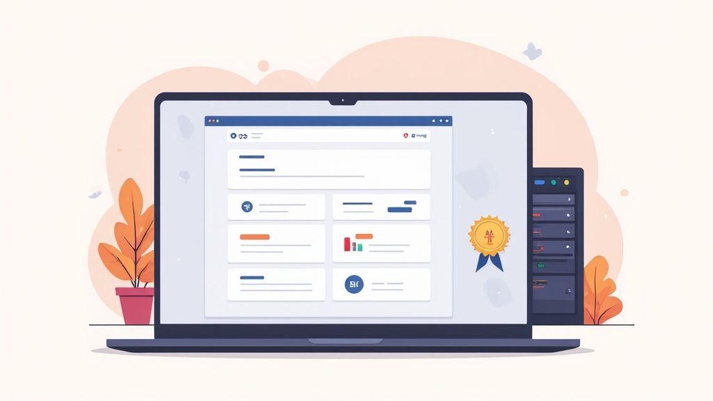 Illustration of a laptop displaying a dashboard interface, a server rack, and a golden achievement badge.