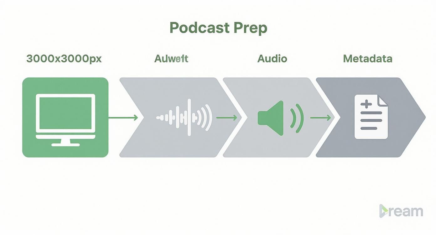 Diagram outlining the podcast preparation workflow from visual input to processed audio and metadata.