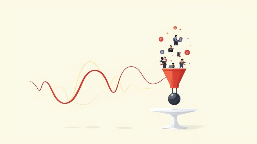 An illustration of a red marketing funnel processing people and data with wavy lines.