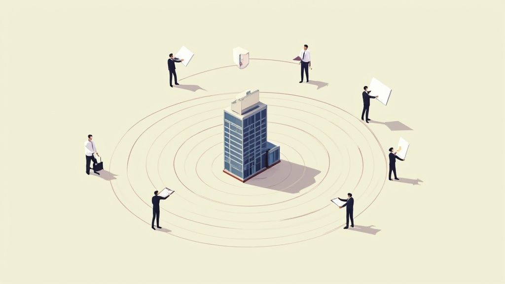 Illustration of businessmen communicating and working around a central corporate building, depicting business operations.