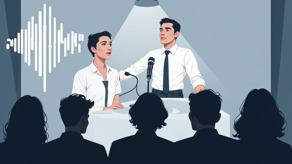 An illustration of two people speaking at a podium with a sound wave and an audience.