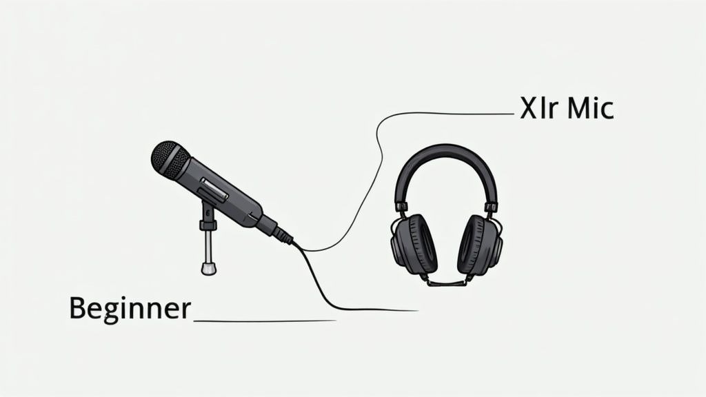 A podcaster speaking into a professional microphone at their home desk setup, illustrating remote recording.