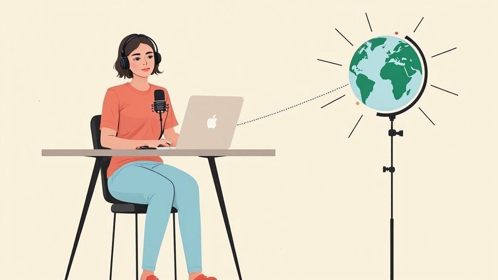 A podcaster speaking into a professional microphone at their home desk setup, illustrating remote recording.