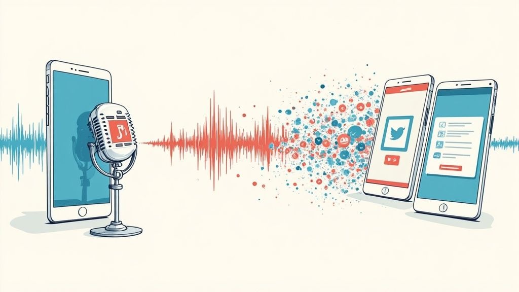 A marketing chart showing podcast growth and engagement metrics on a laptop screen.