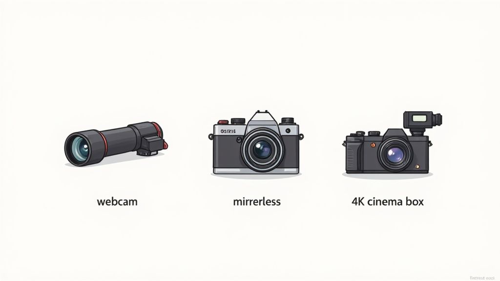 Three distinct camera types: a tubular webcam, a classic mirrorless camera, and a modern 4K cinema box camera.