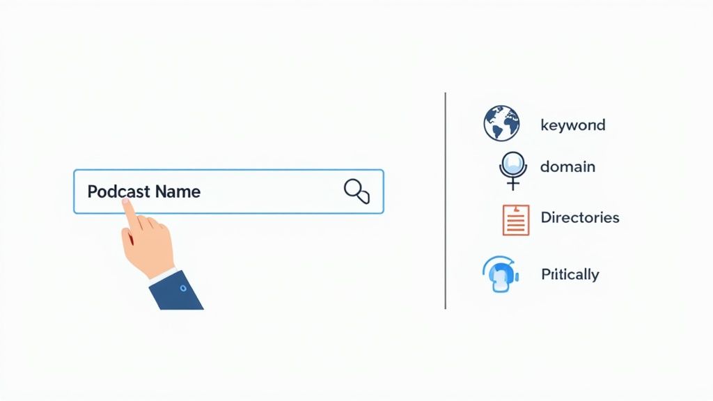 A hand points to a 'Podcast Name' search bar with options for keyword, domain, and directories.