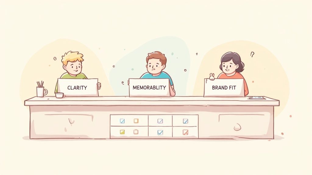 Three cartoon people at a desk evaluating options based on clarity, memorability, and brand fit.