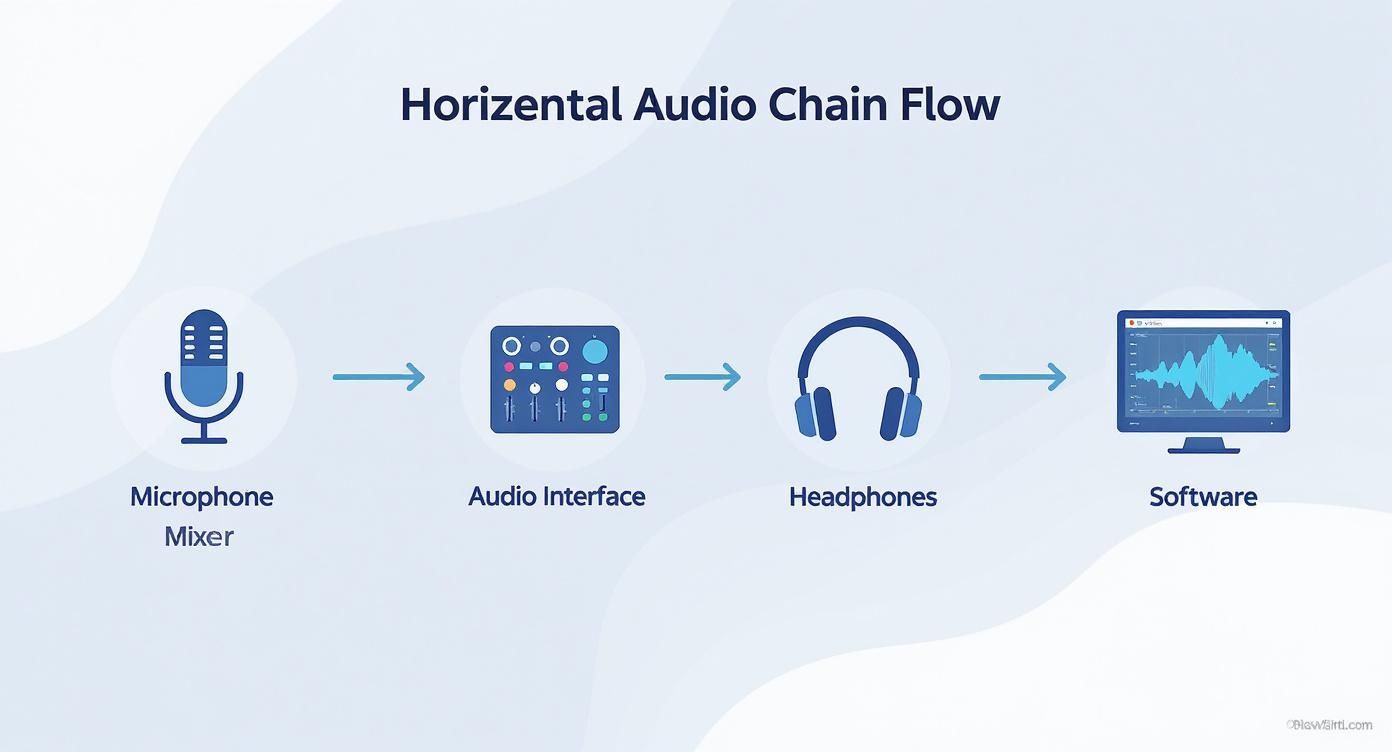 Diagram illustrating a horizontal audio chain flow: microphone mixer, audio interface, headphones, and software.