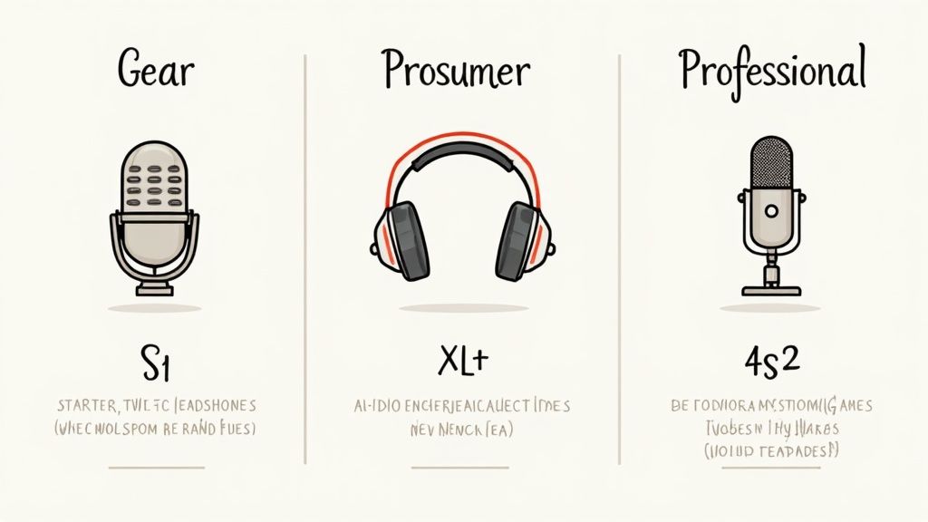 Illustration comparing three categories of audio gear: basic microphone, prosumer headphones, and professional microphone.