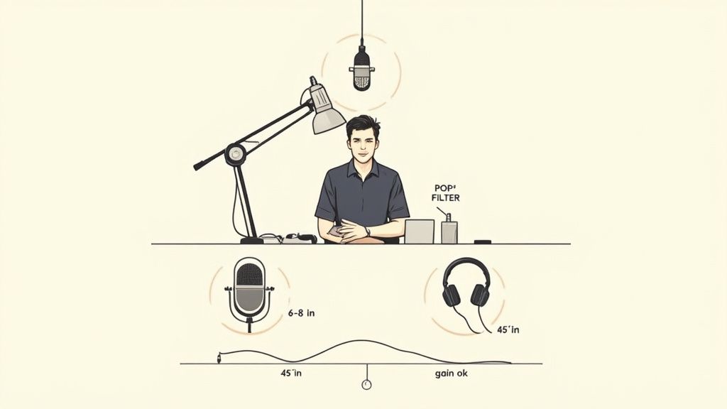 An illustration of a podcast recording setup with a man at a desk, microphones, headphones, and a pop filter.
