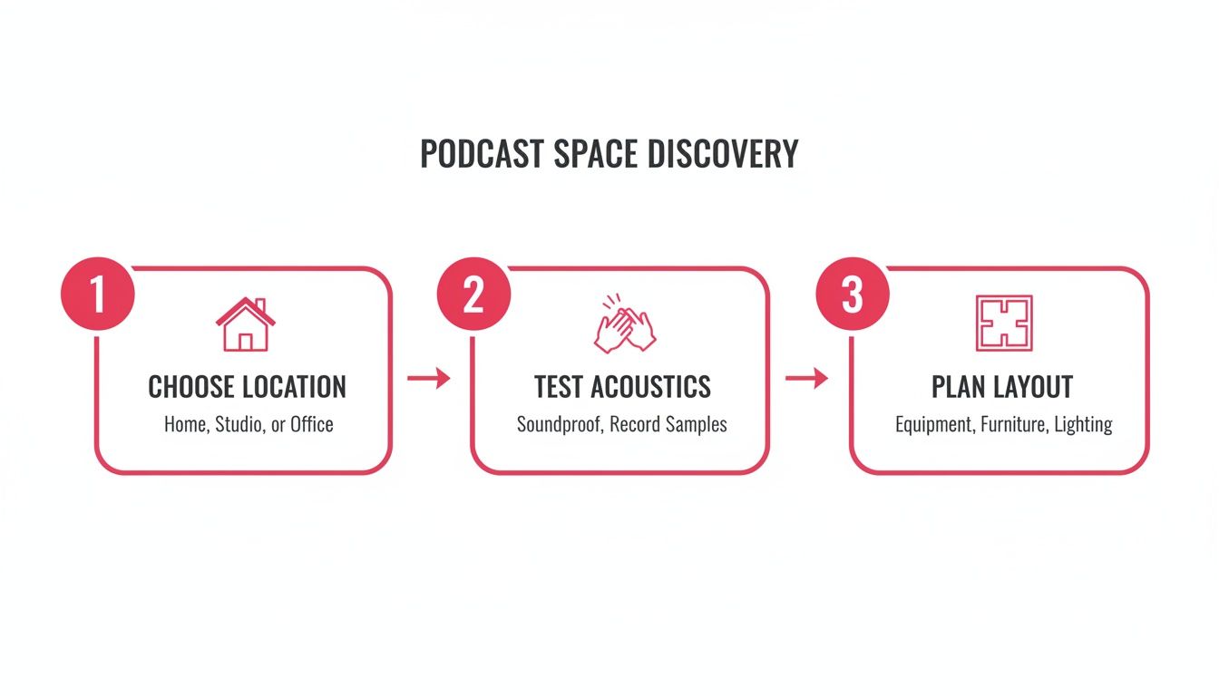 A 3-step flowchart for podcast space discovery: choose location, test acoustics, and plan layout.