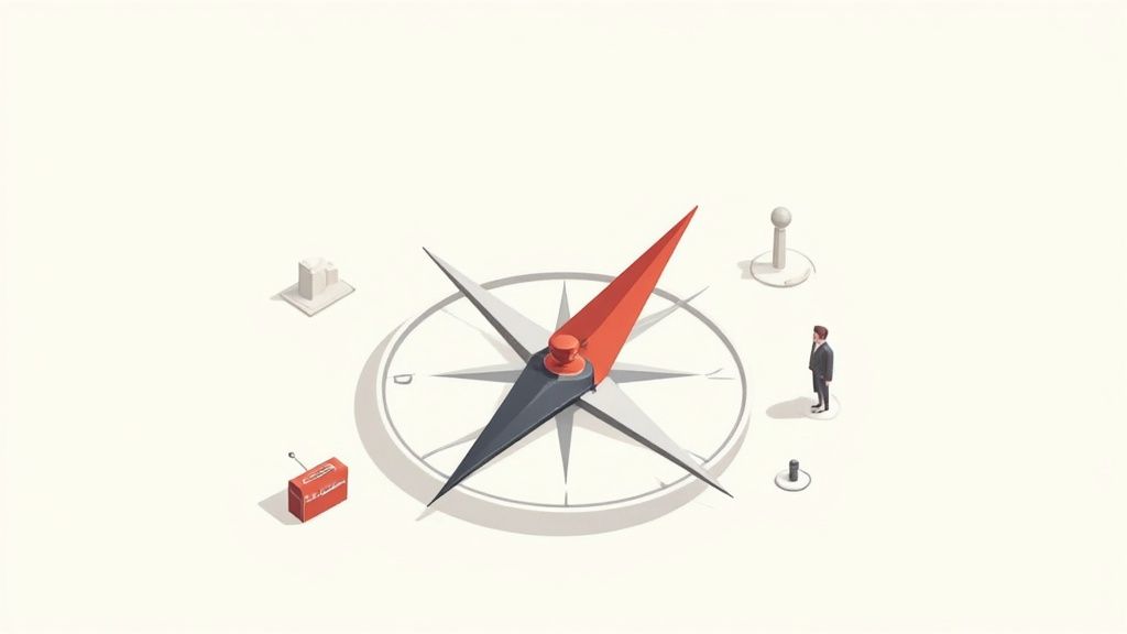 A minimalist illustration of a businessman standing next to a large compass, indicating direction.