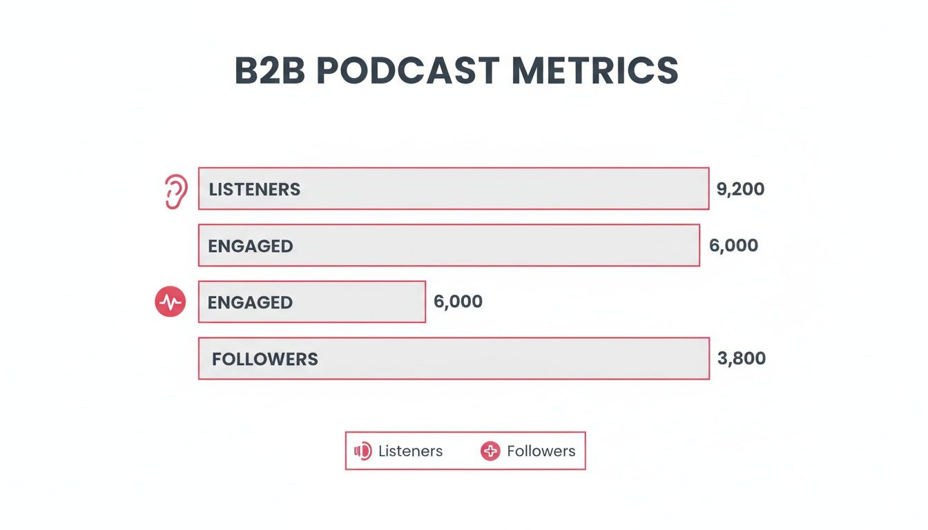 A bar chart visualizing B2B podcast metrics: 9,200 listeners, 6,000 engaged, and 3,800 followers.