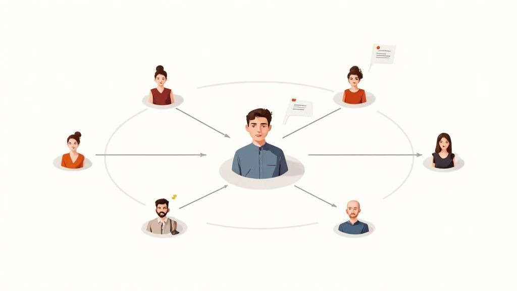 Two people sitting across from each other at a table with microphones, recording a podcast episode.