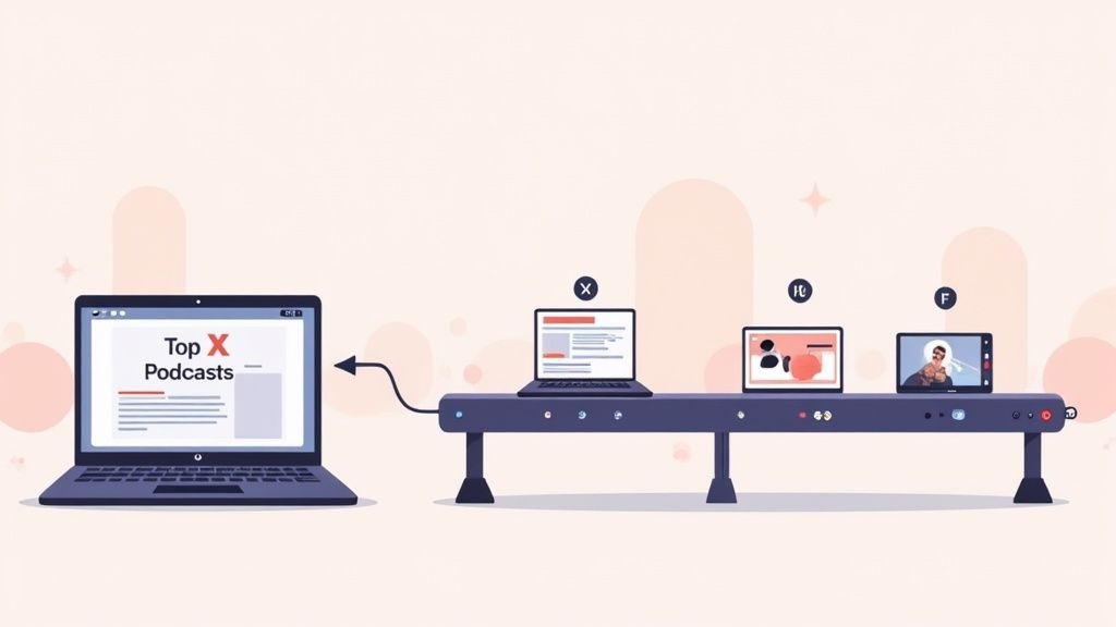 A laptop showing podcast editing software next to a smartphone with a social media icons.