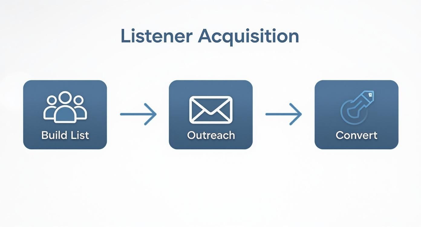 An infographic showing the listener acquisition process: Build List, Outreach, and Convert.