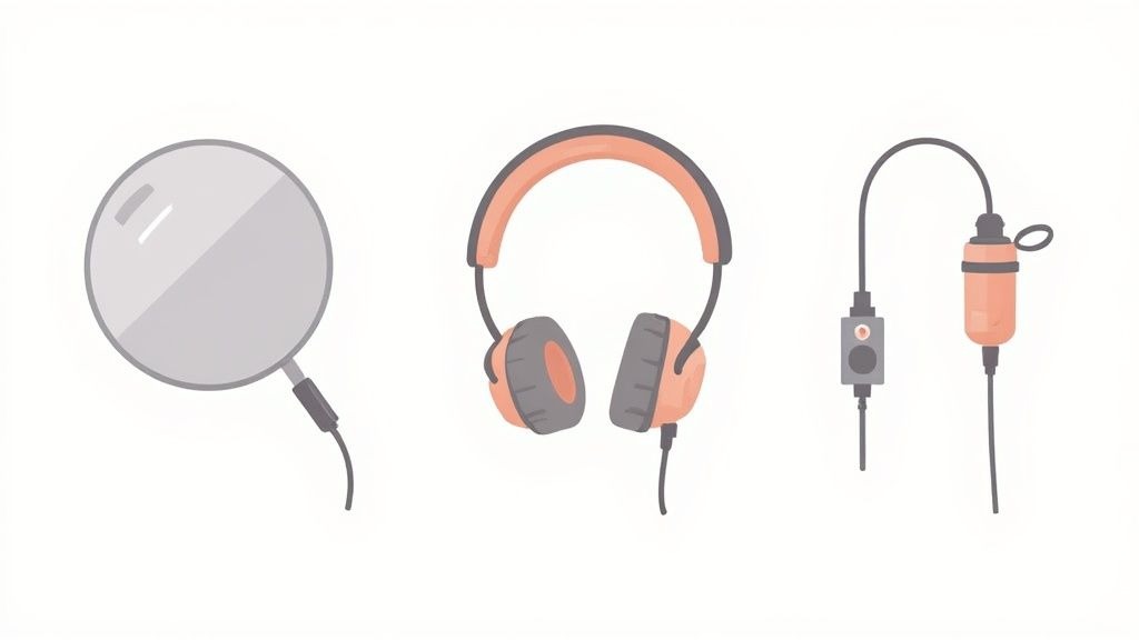 A podcaster adjusting their boom arm and pop filter