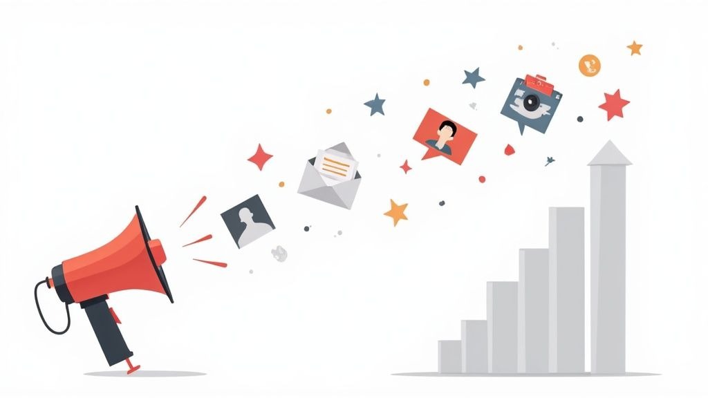 A person analyzes podcast growth charts and social media engagement on a laptop and tablet.