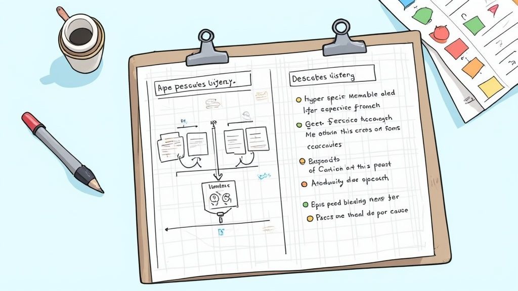 A person sketching out a podcast blueprint on a whiteboard with sticky notes and diagrams.
