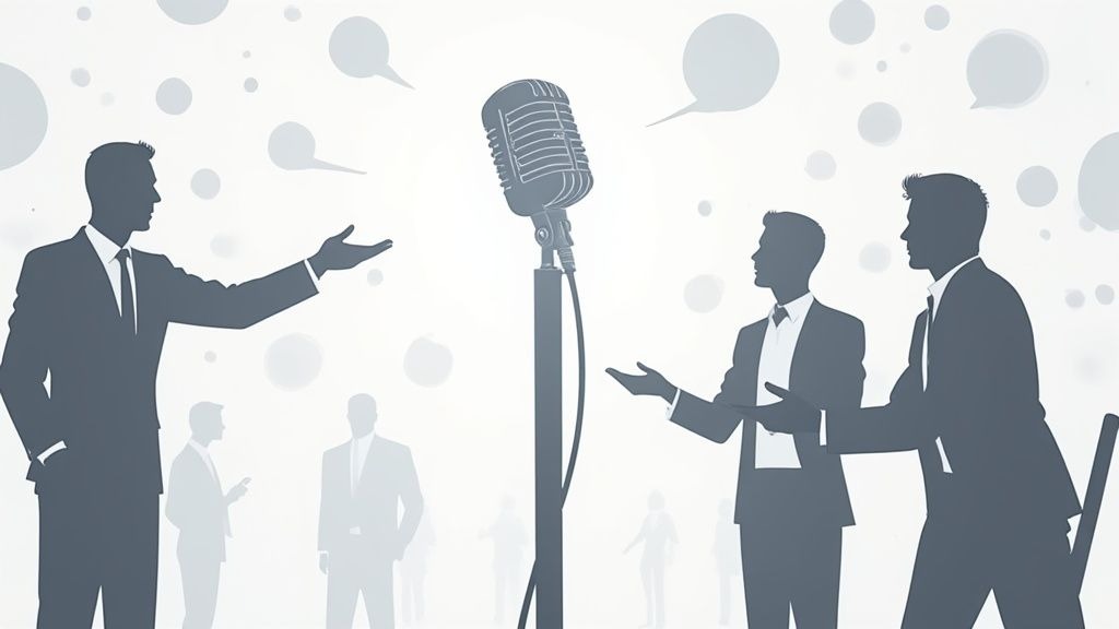 A person in a professional setting recording a podcast with a high-quality microphone and headphones.