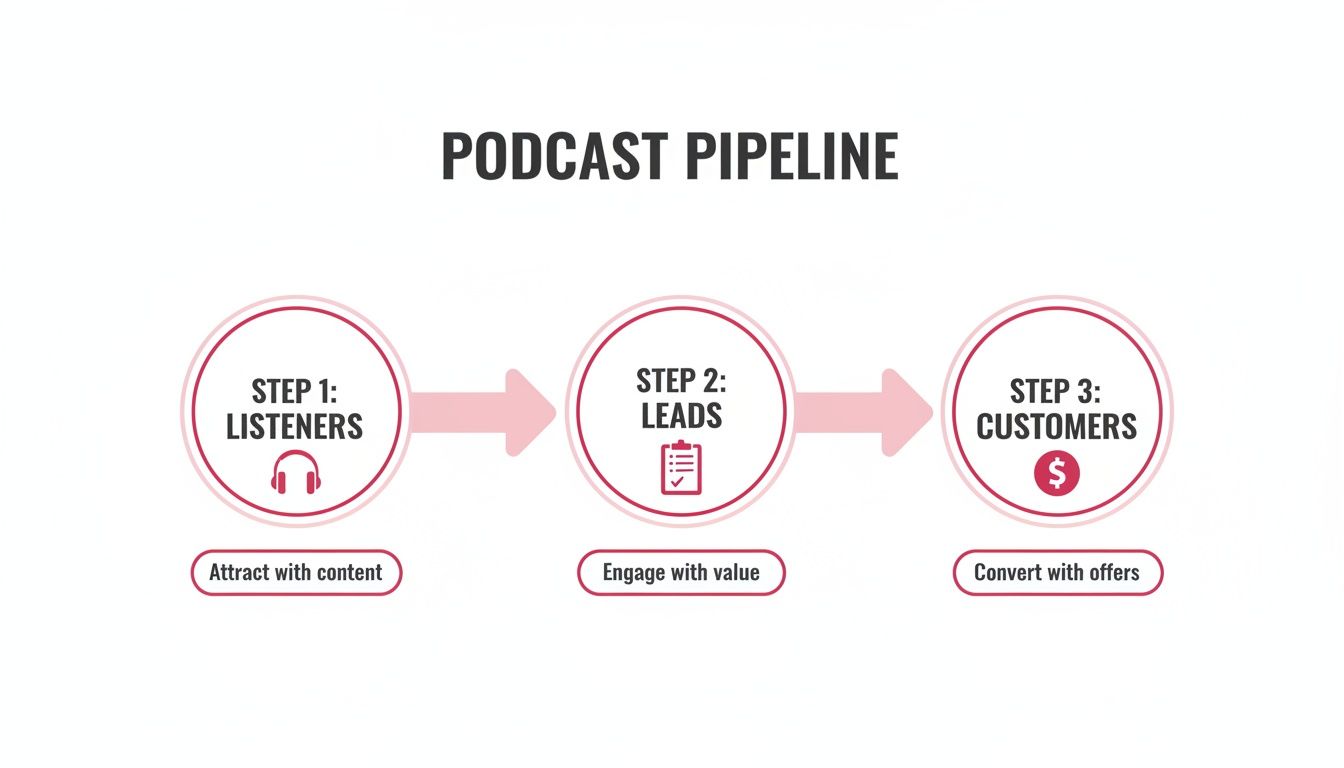A podcast pipeline infographic showing steps from listeners to customers: attract with content, engage with value, convert with offers.
