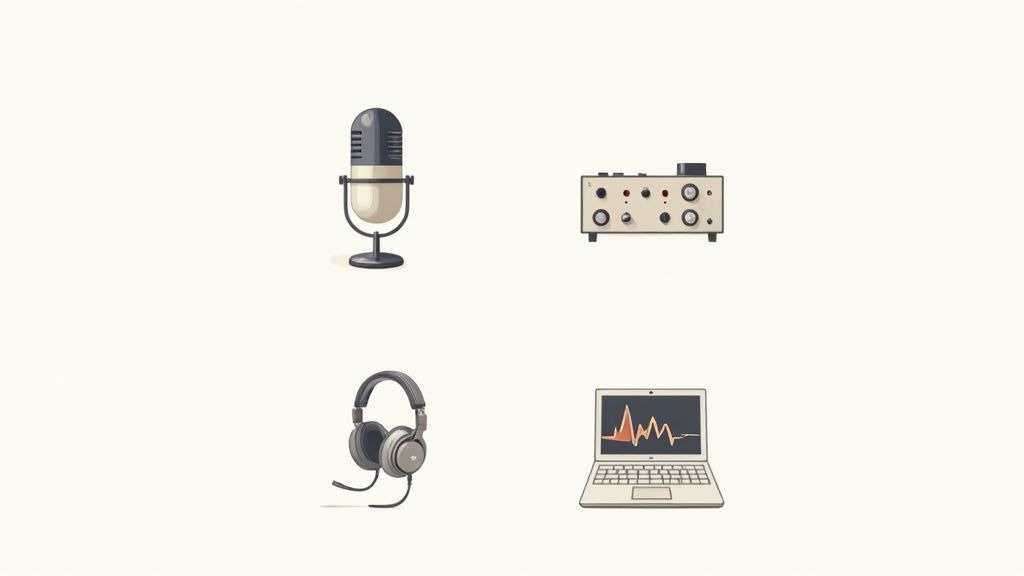 A professional podcast setup with a microphone, headphones, and audio interface on a desk.