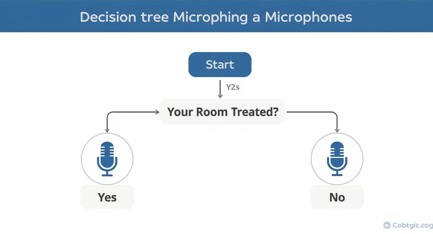 This infographic is a decision tree that helps a user choose between a condenser and a dynamic microphone based on whether their recording room is acoustically treated.