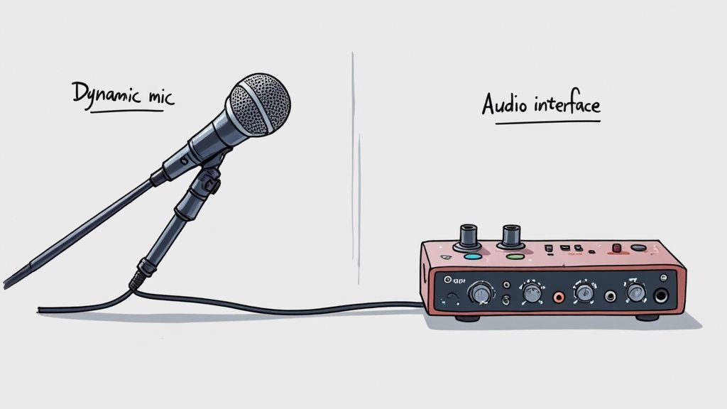 A close-up of a Shure MV7 microphone connected to a computer, with headphones nearby, ready for recording.