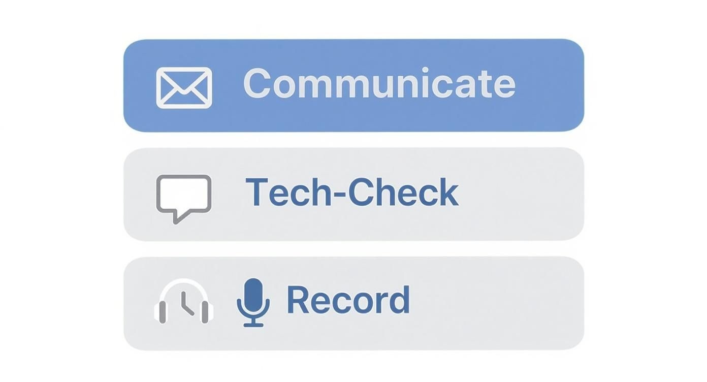 An infographic showing a 3-step guest prep checklist, including communication, tech check, and recording stages.