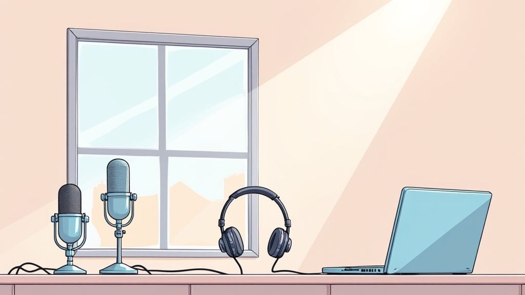 A person sitting at a desk with a professional microphone and headphones, recording a podcast remotely.