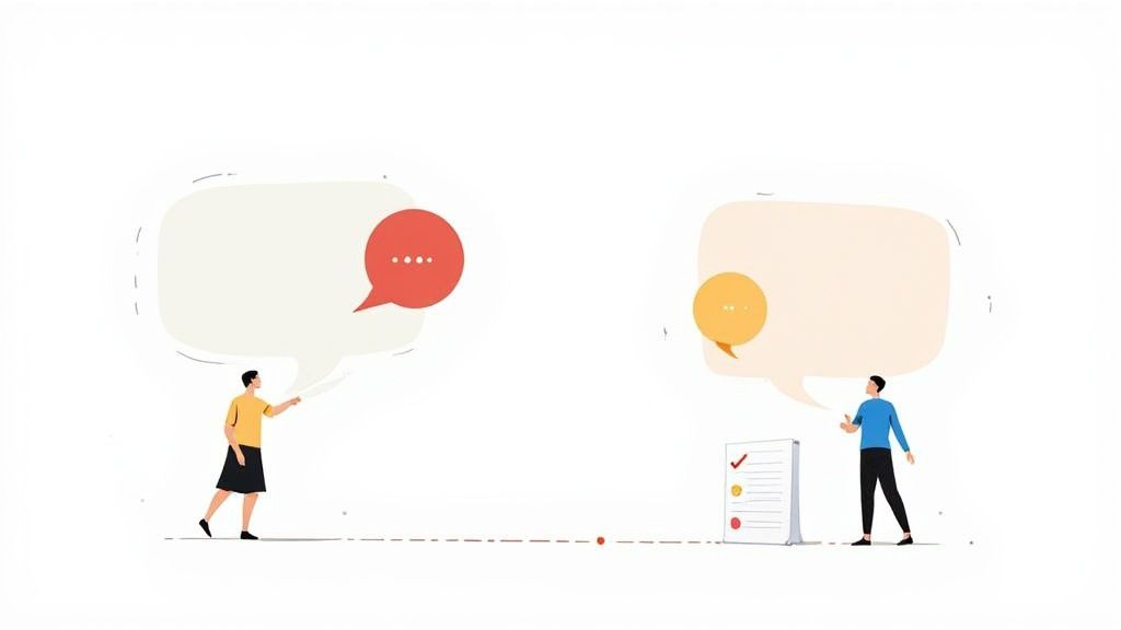 Two people communicate with speech bubbles and a checklist, representing corporate discussion or dialogue.