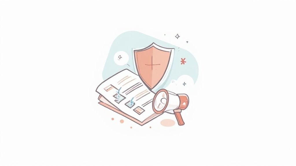 An illustration featuring documents with checkboxes, a shield, and a megaphone, representing secure communication policies.