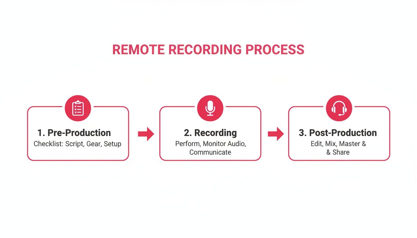 A flowchart illustrating the remote recording process with steps for pre-production, recording, and post-production.